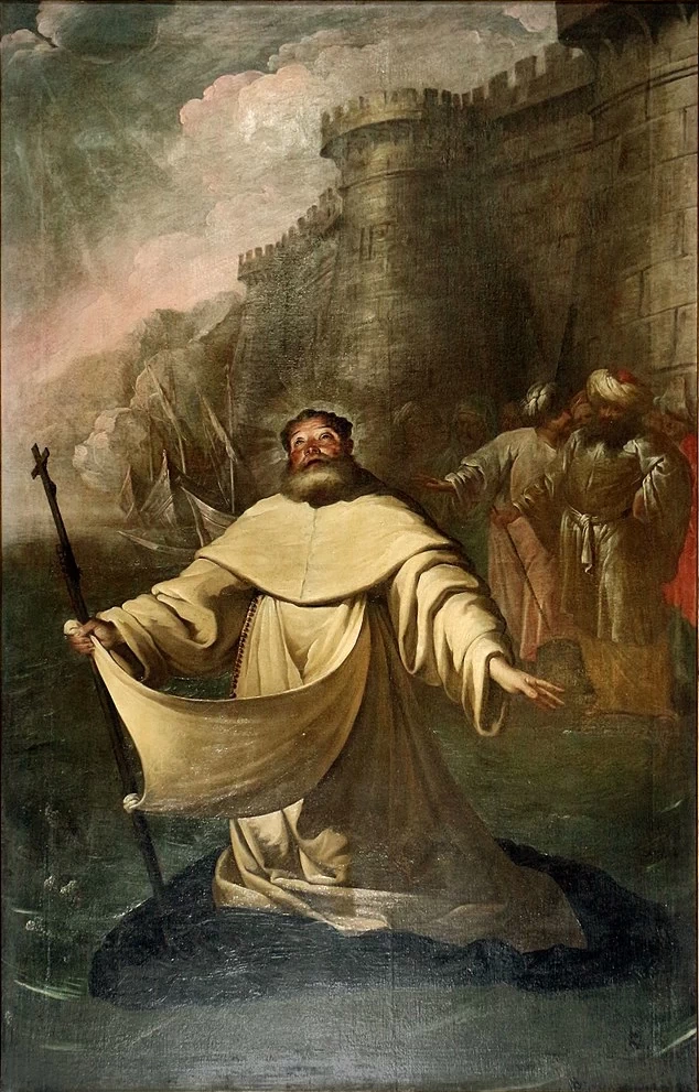 Raimondo di Penyafort lascia Maiorca navigando sul mantello verso Barcellona dopo che il re non volle lasciarlo andare - Santi Bartolomeo e Stefano (Bergamo)